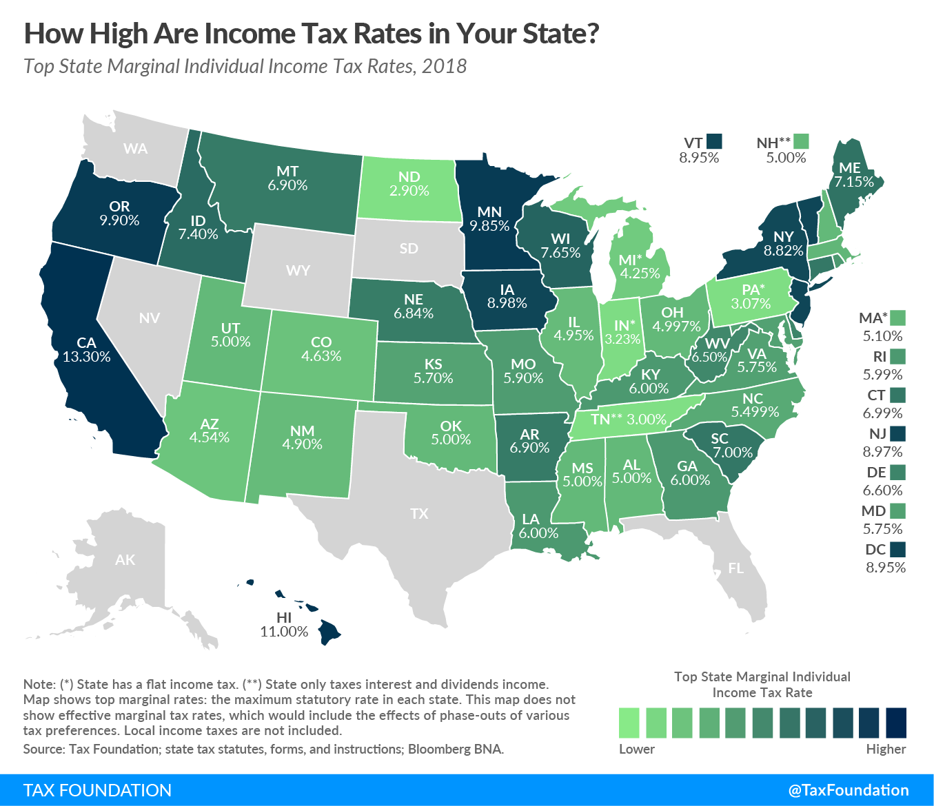 Top State Marginal Individual Income Tax Rates, 2018