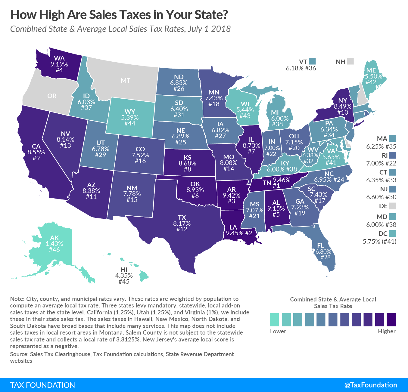 Combined state and average local sales tax rates, July 1, 2018