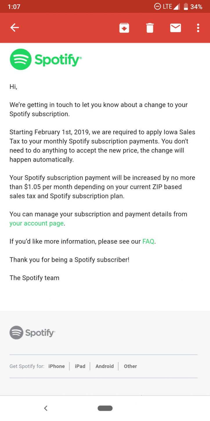 Spotify Mixes Up Tax Notices to DC and Iowa Subscribers, Spotify sales tax, streaming services sales tax, digital streaming tax